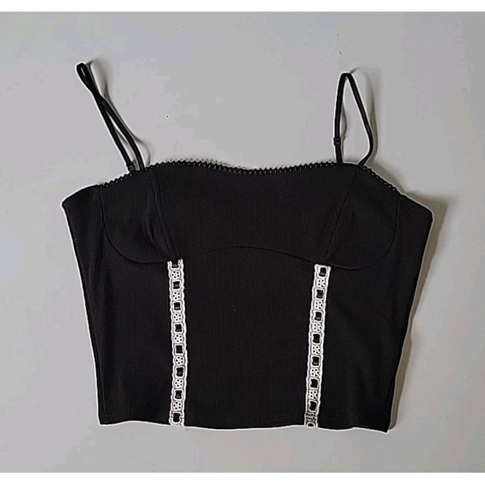 7Day Wknd Cropped Rib Knit Cami Tank Top Large Lace Trim Coquette Retro
